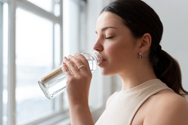 jonge vrouw met bruin haar drinkt schoon drinkwater