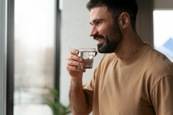blije man drinkt glas water